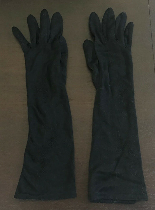 Vintage Hand GLOVES STRETCH  Black Mid Arm Length w Floral Embroidery Size 6.5 S