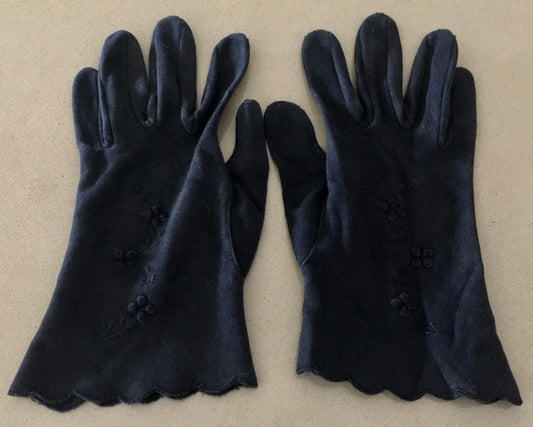 Vintage Hand GLOVES Black Floral Embroidered Short  Sz7 M 18cm  German Made