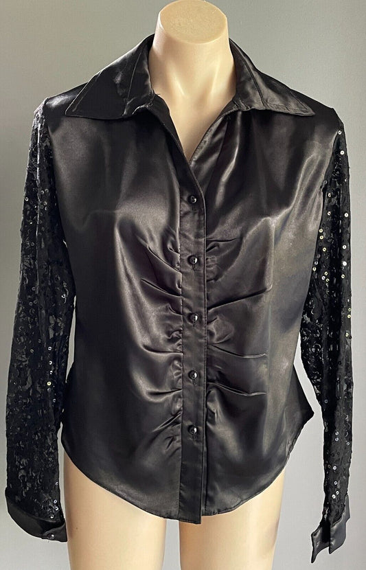 ITMA Top Black Satin & Lace Sequin Ruched Front Long Sleeve Blouse Size 48 AU 16