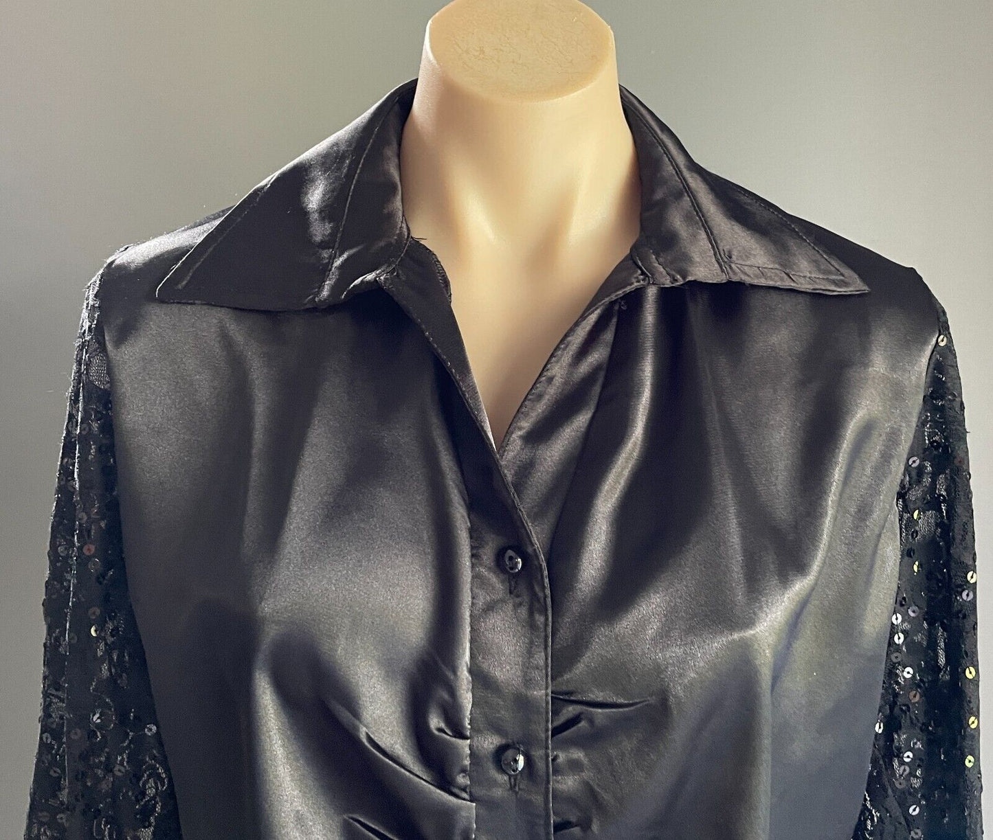 ITMA Top Black Satin & Lace Sequin Ruched Front Long Sleeve Blouse Size 48 AU 16