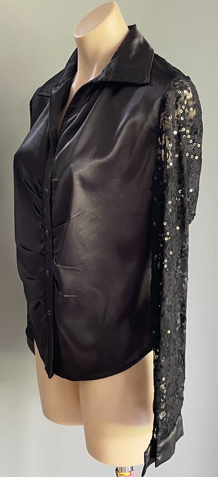 ITMA Top Black Satin & Lace Sequin Ruched Front Long Sleeve Blouse Size 48 AU 16