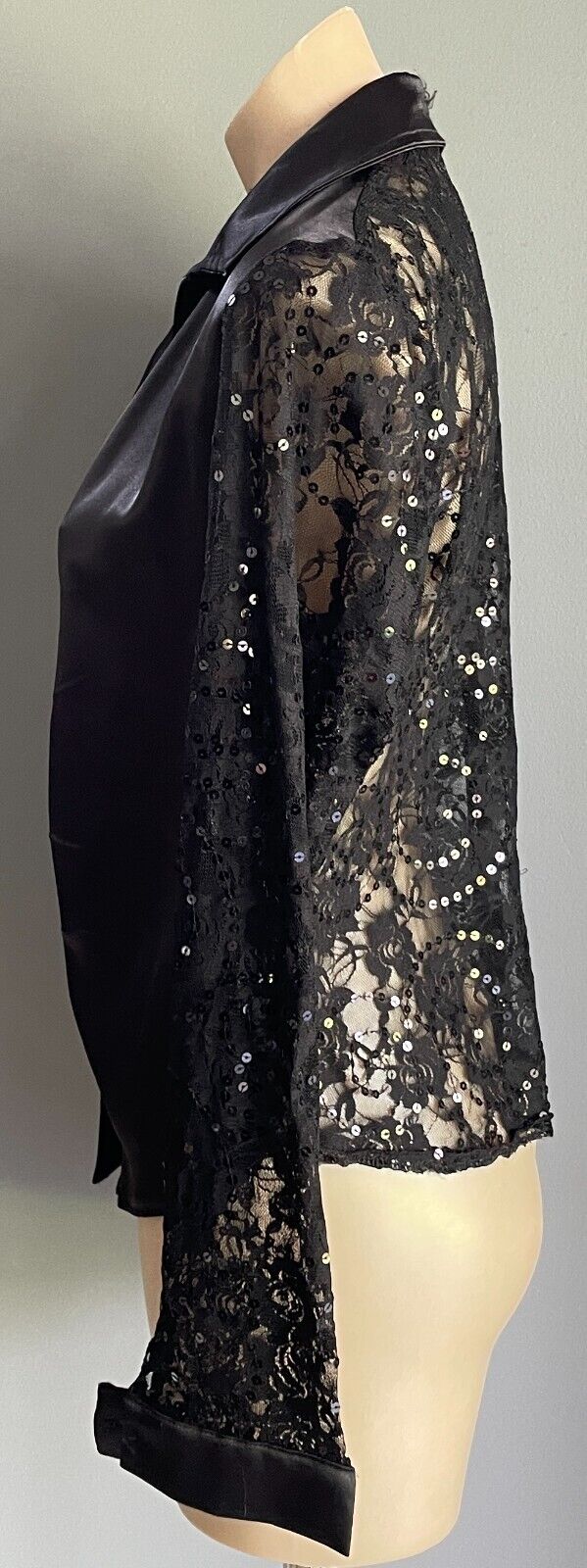 ITMA Top Black Satin & Lace Sequin Ruched Front Long Sleeve Blouse Size 48 AU 16