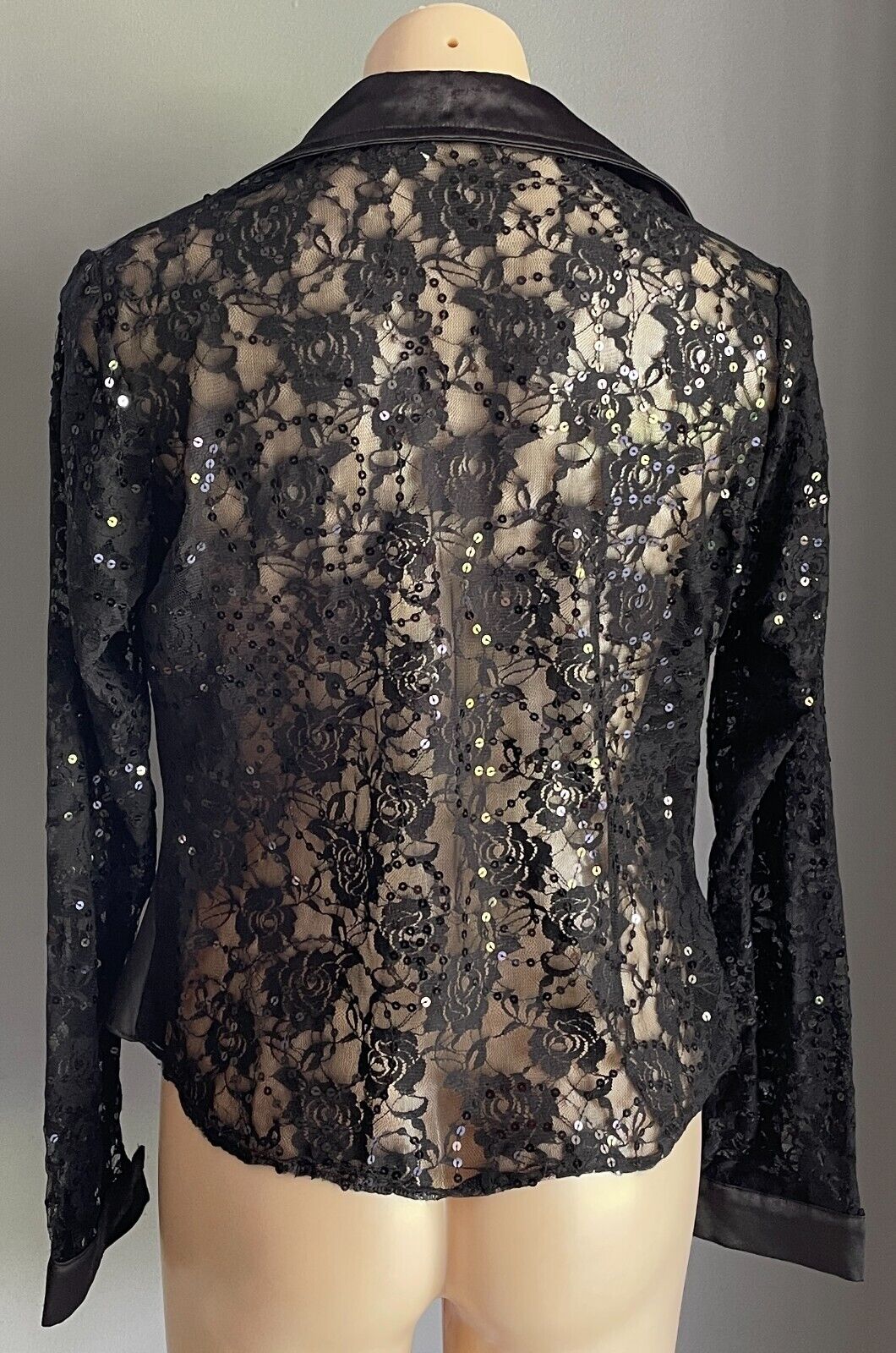 ITMA Top Black Satin & Lace Sequin Ruched Front Long Sleeve Blouse Size 48 AU 16
