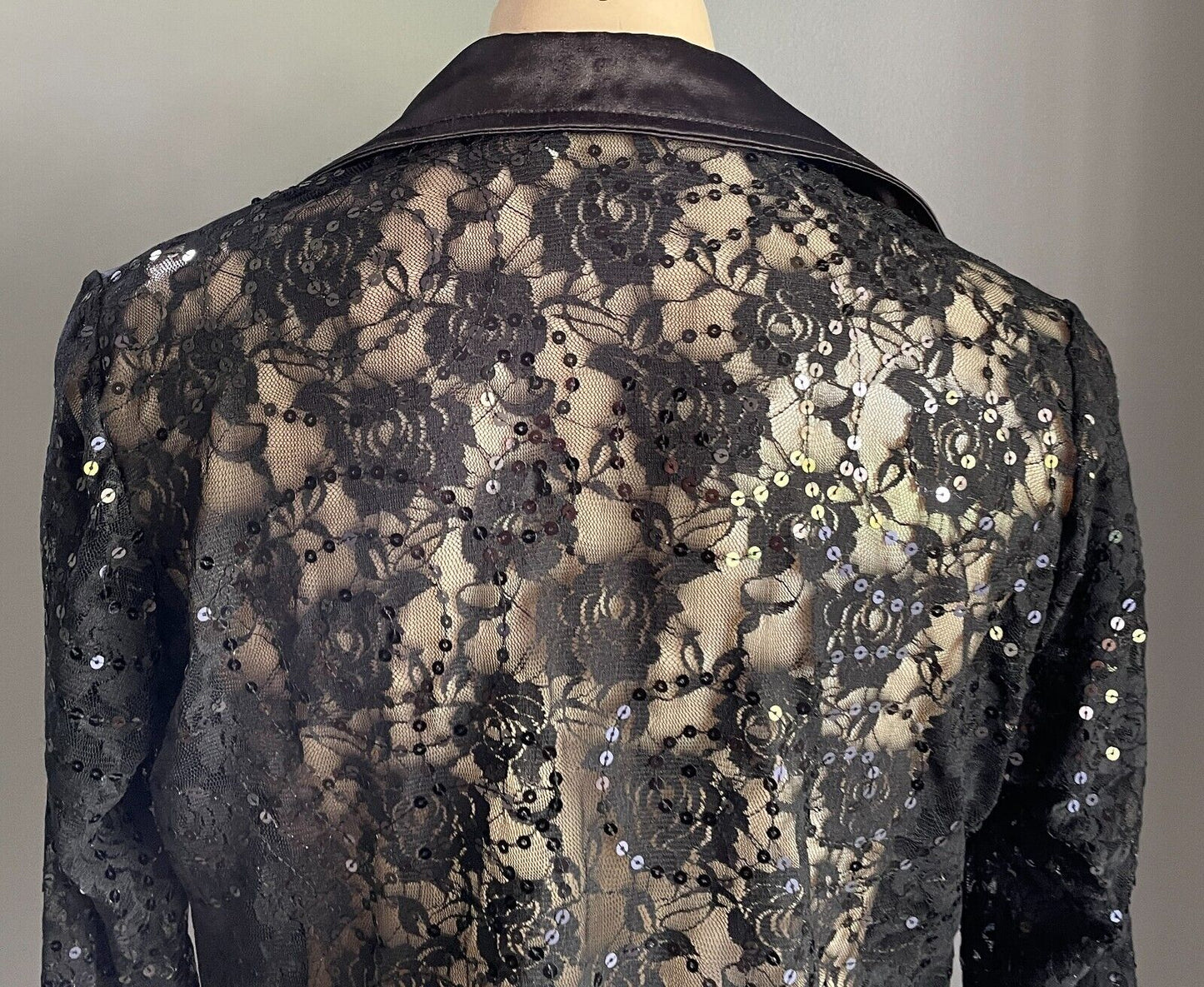 ITMA Top Black Satin & Lace Sequin Ruched Front Long Sleeve Blouse Size 48 AU 16