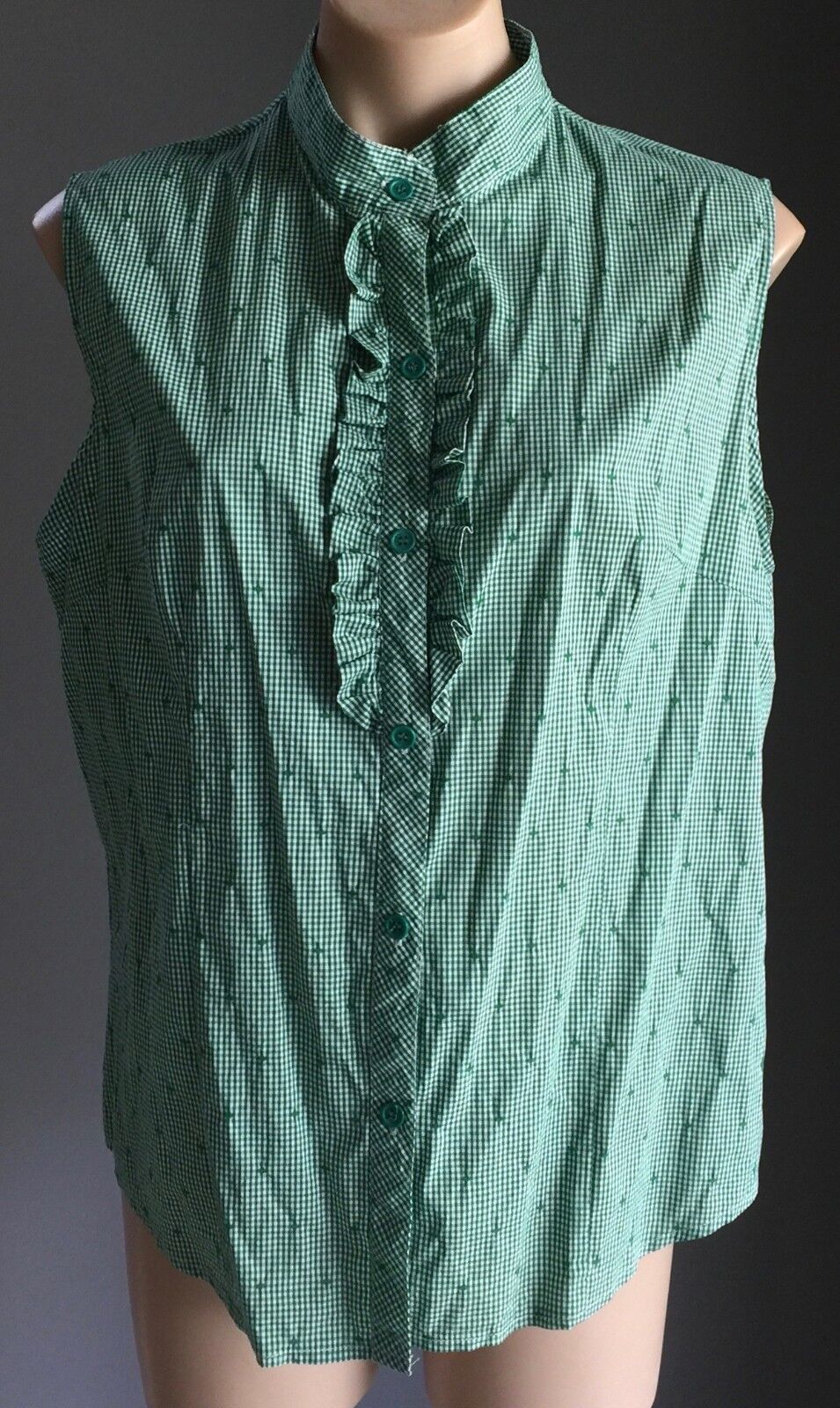 VICTORIA HILL Shirt Top Green White Gingham Sleeveless Frill Blouse Size 16 NEW