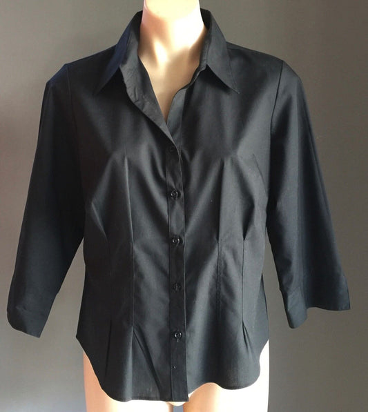 MARKS & SPENCER Black Shirt 3/4 Sleeve Fitted Top Ladies Size Petite 16 Retro