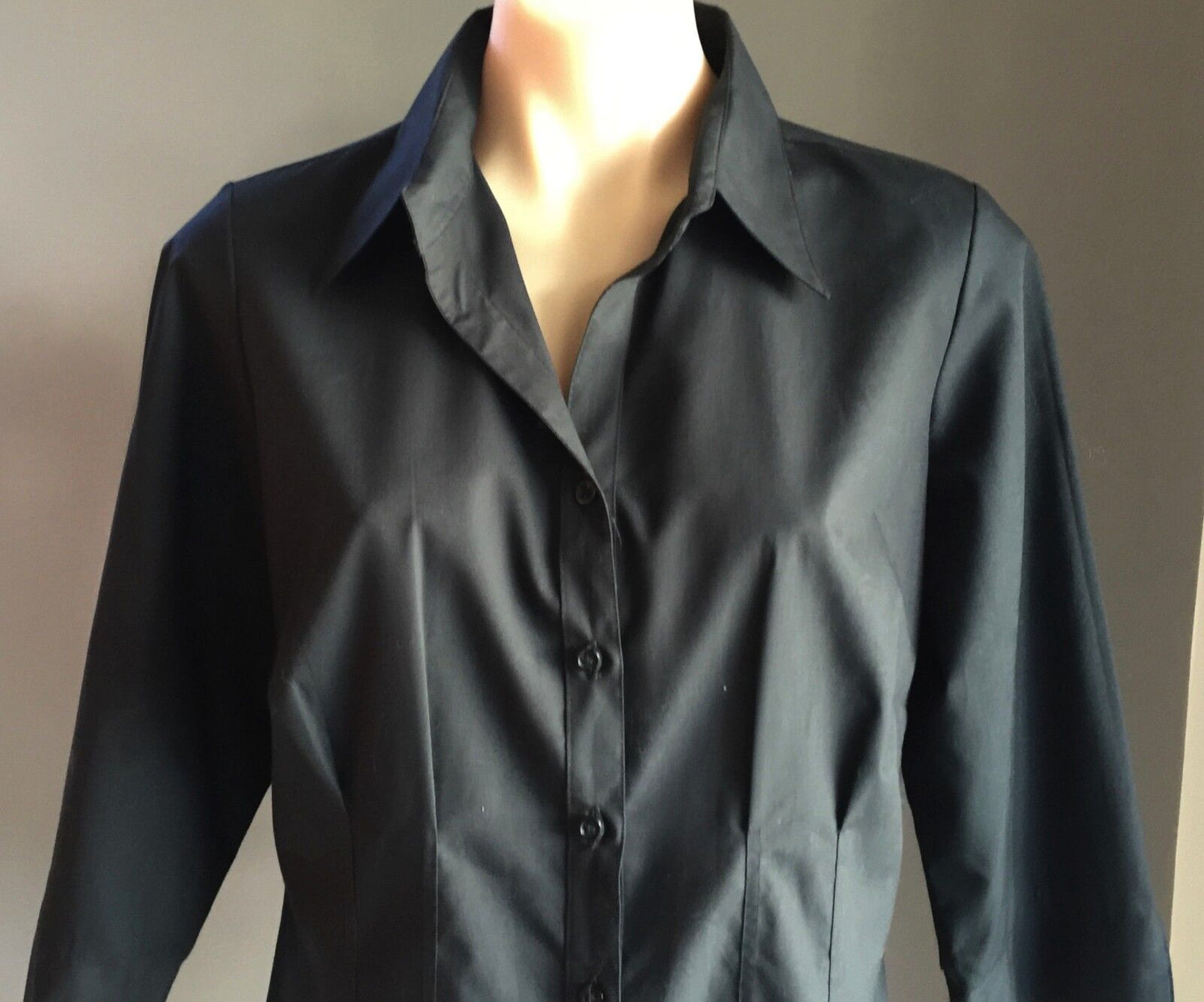 MARKS & SPENCER Black Shirt 3/4 Sleeve Fitted Top Ladies Size Petite 16 Retro