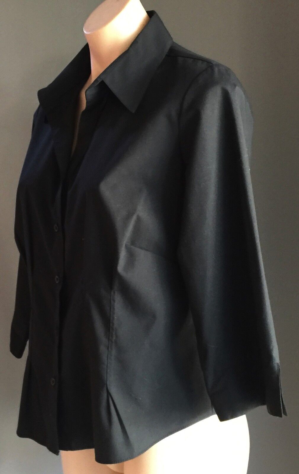 MARKS & SPENCER Black Shirt 3/4 Sleeve Fitted Top Ladies Size Petite 16 Retro