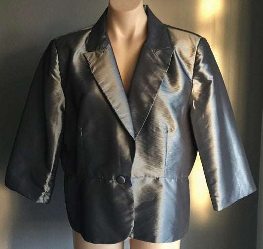 LIZ JORDAN Jacket 3/4 Sleeve Silver Grey Silk Taffeta Ladies Size 16 NEW Retro