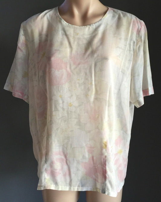 Vintage STEWART COLLECTIONS Top Sheer Floral Print Short Sleeve Blouse Size 16