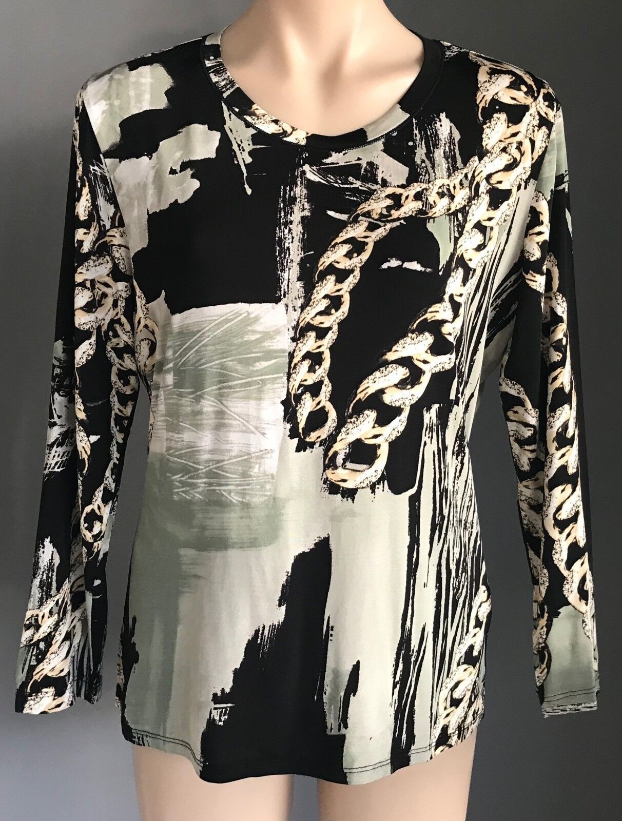 ROSELLA Top Black Beige Khaki White Abstract Chain Print Stretch Blouse 12 NEW