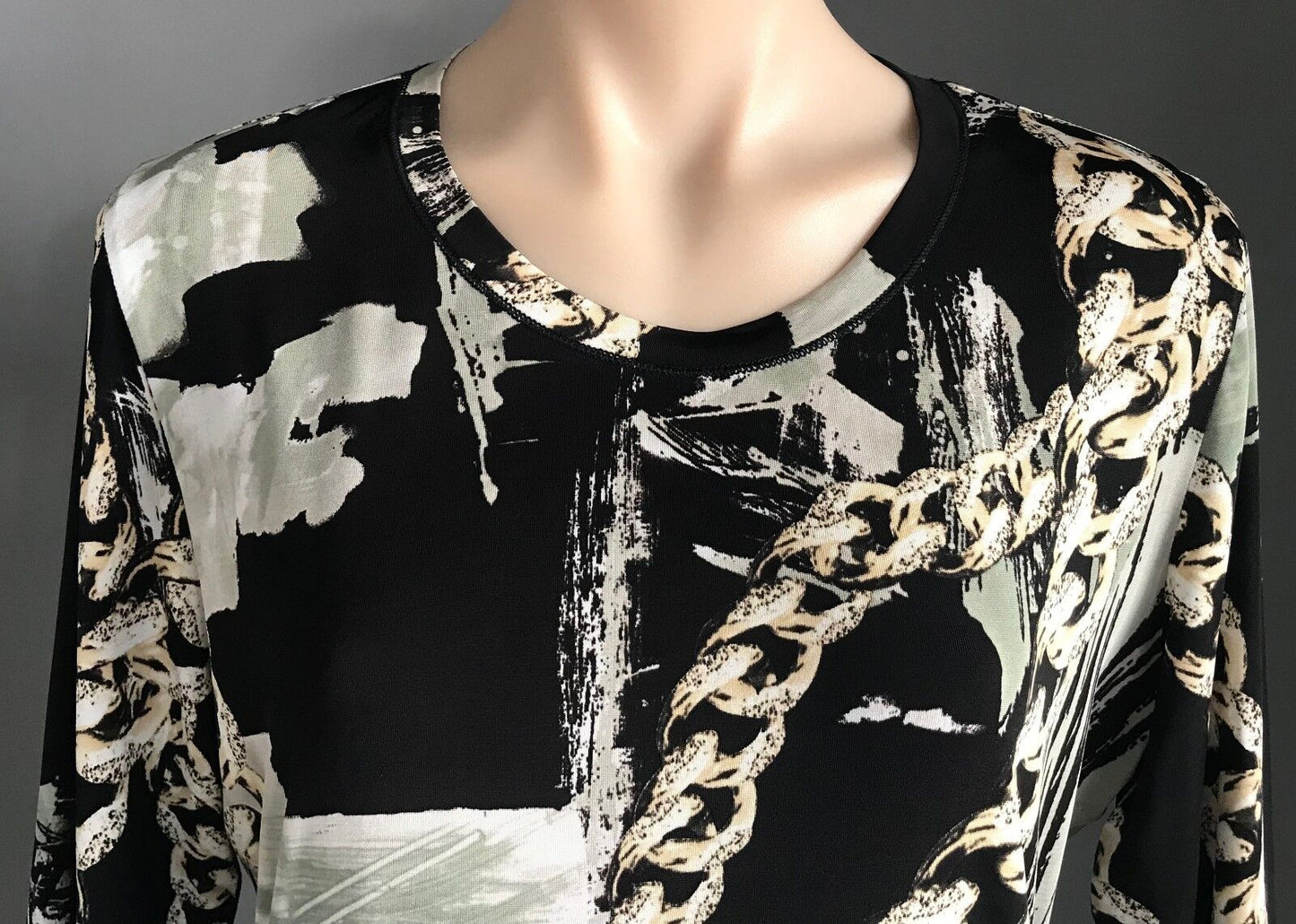 ROSELLA Top Black Beige Khaki White Abstract Chain Print Stretch Blouse 12 NEW