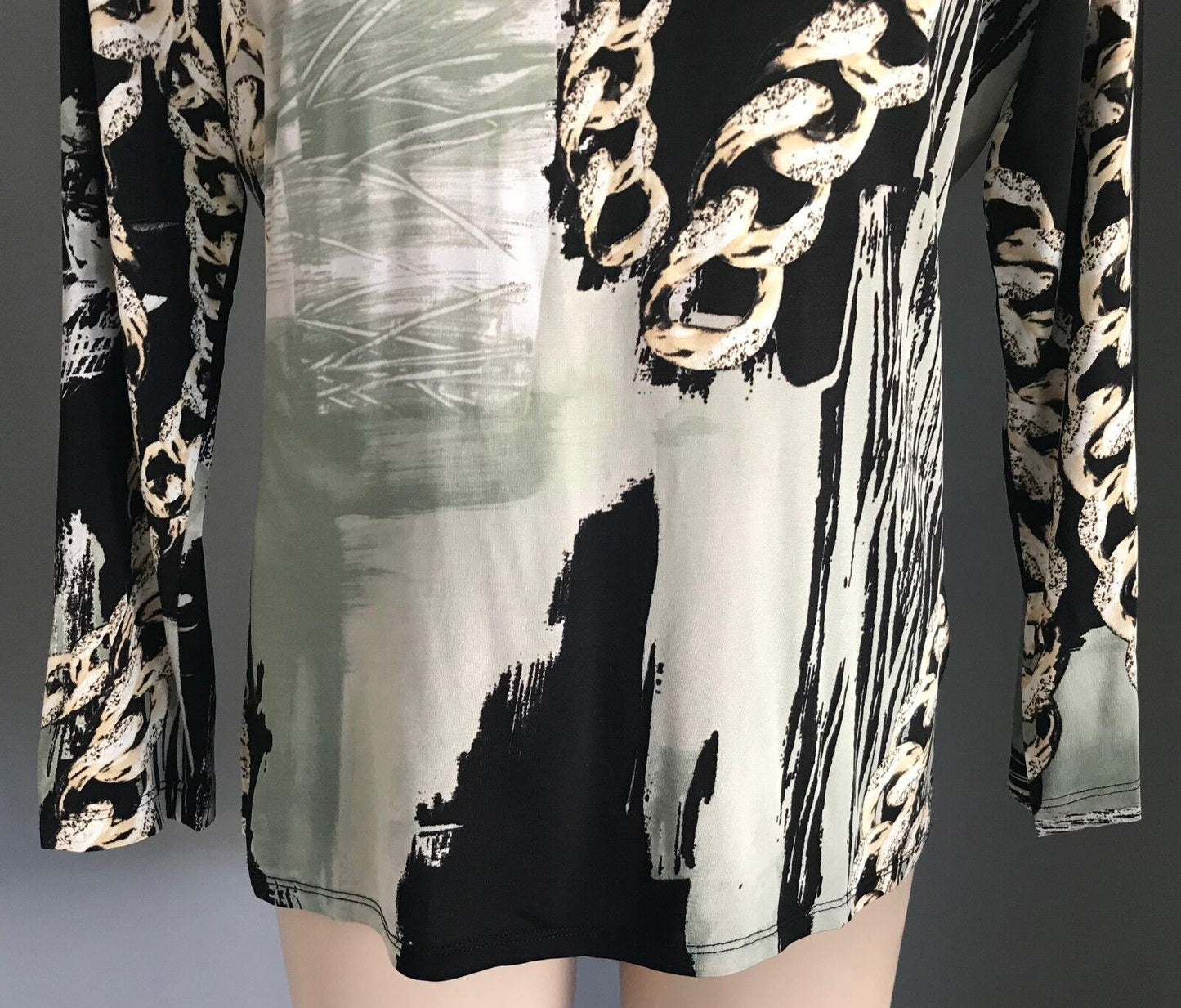 ROSELLA Top Black Beige Khaki White Abstract Chain Print Stretch Blouse 12 NEW
