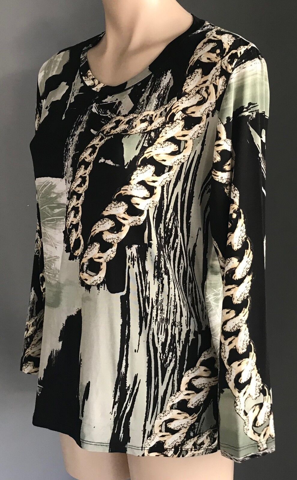 ROSELLA Top Black Beige Khaki White Abstract Chain Print Stretch Blouse 12 NEW