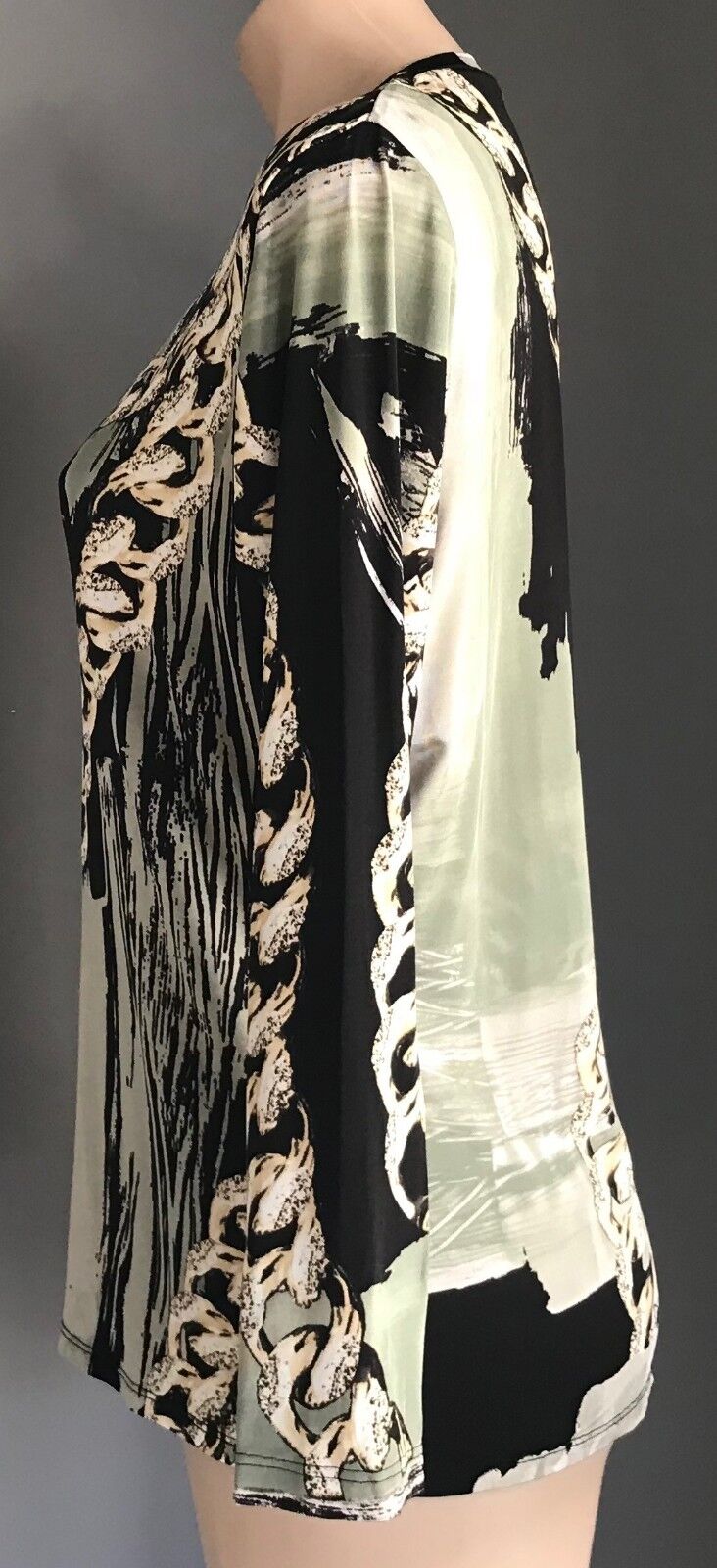 ROSELLA Top Black Beige Khaki White Abstract Chain Print Stretch Blouse 12 NEW