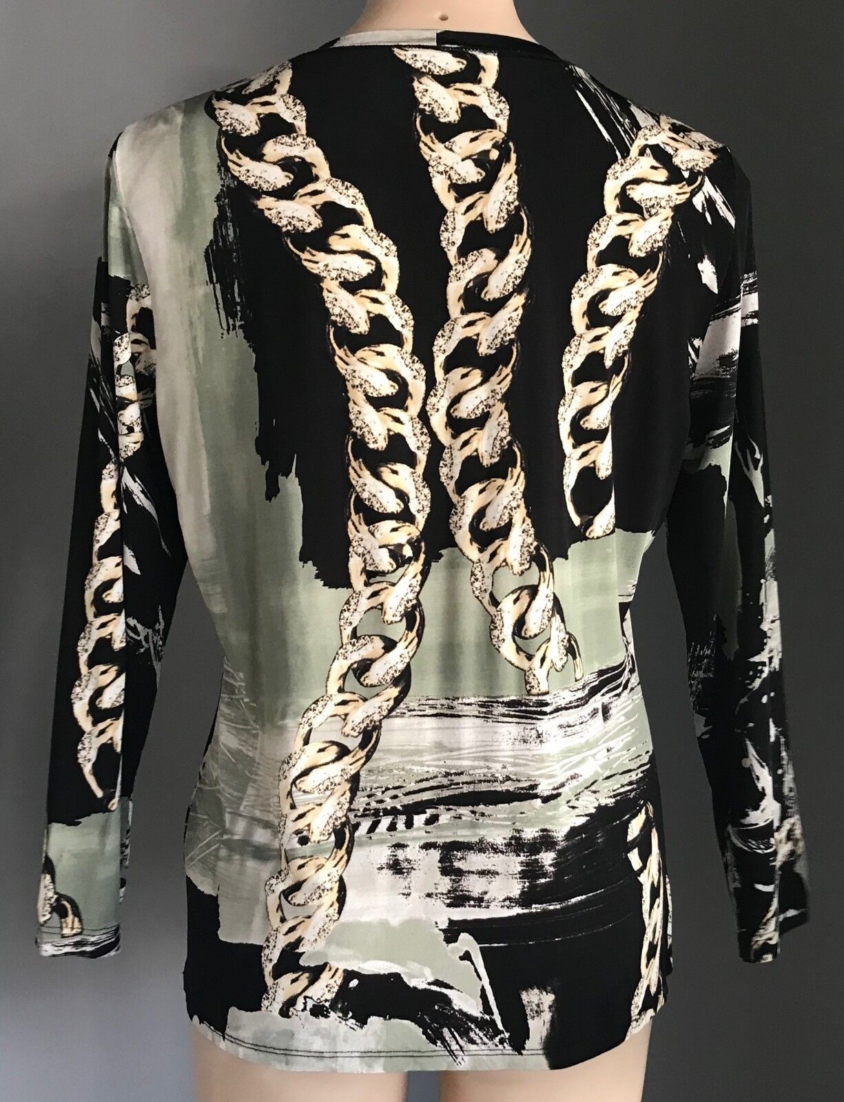 ROSELLA Top Black Beige Khaki White Abstract Chain Print Stretch Blouse 12 NEW