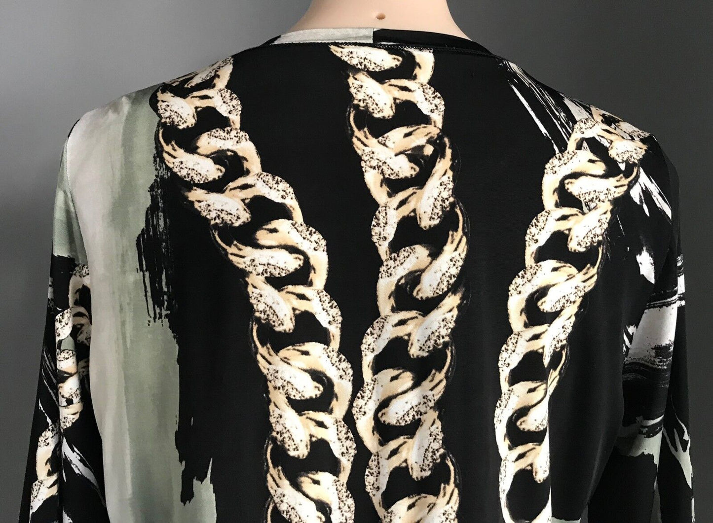 ROSELLA Top Black Beige Khaki White Abstract Chain Print Stretch Blouse 12 NEW