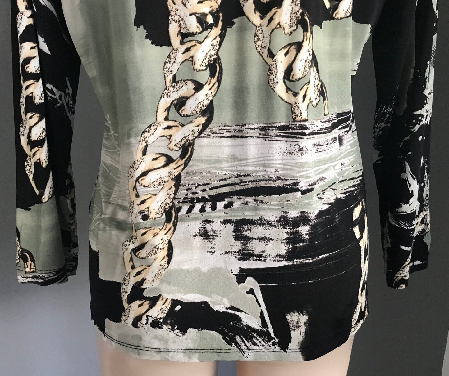 ROSELLA Top Black Beige Khaki White Abstract Chain Print Stretch Blouse 12 NEW
