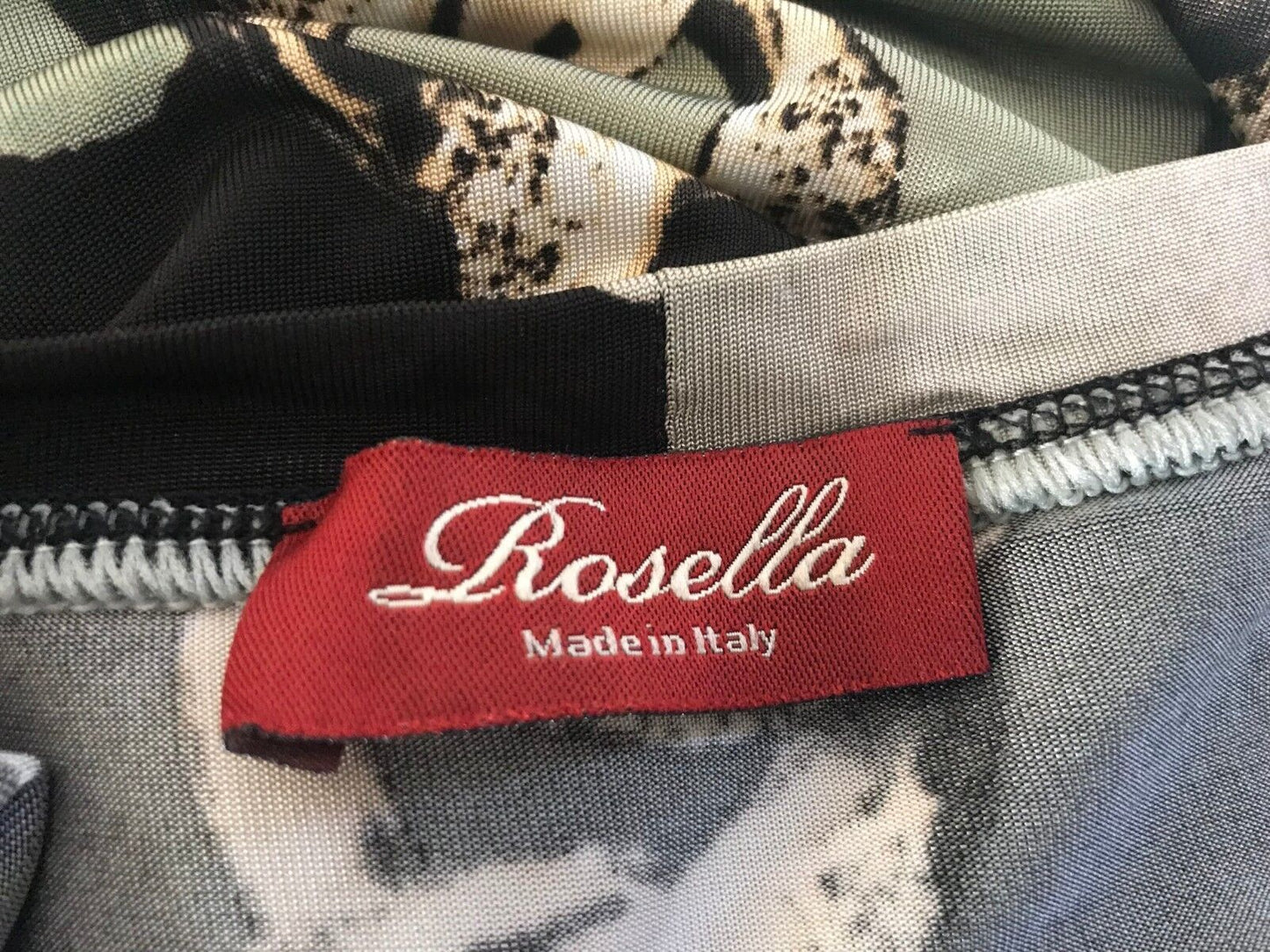 ROSELLA Top Black Beige Khaki White Abstract Chain Print Stretch Blouse 12 NEW