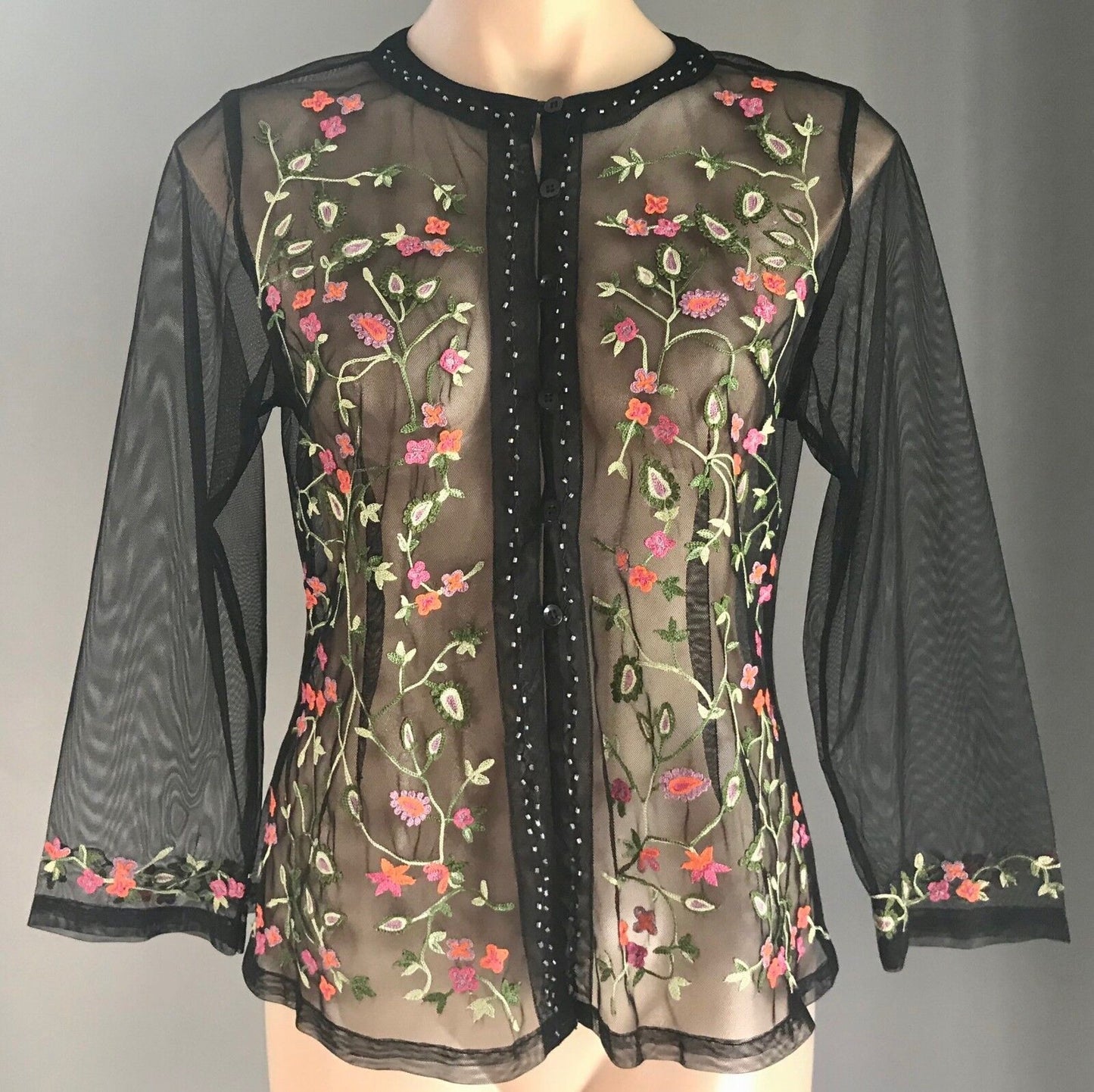 SHEER BLOUSE Embroidered Top Black Mesh Net Colourful Floral Size 12 NEW