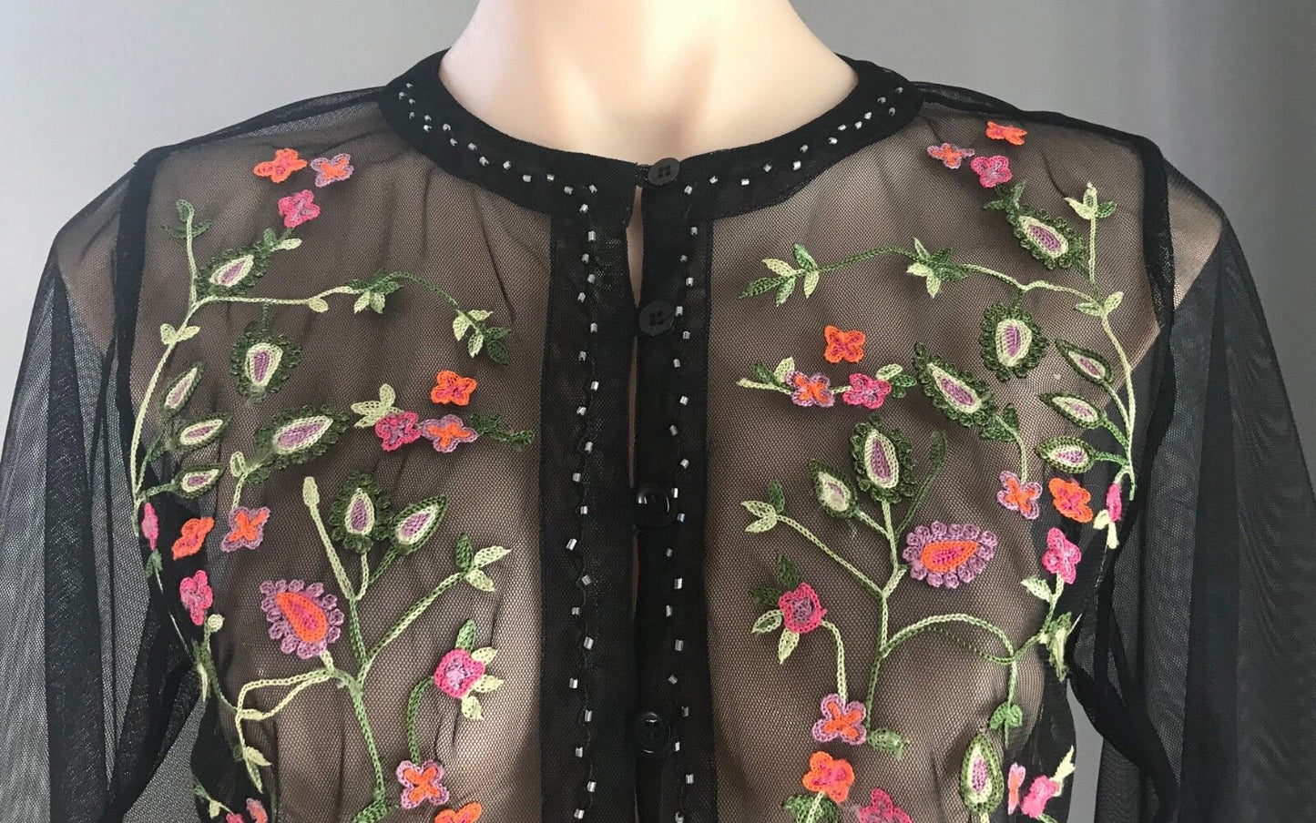 SHEER BLOUSE Embroidered Top Black Mesh Net Colourful Floral Size 12 NEW