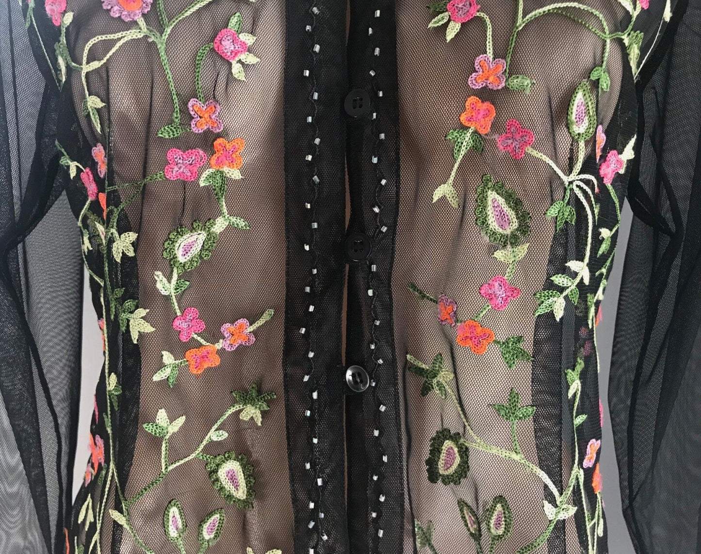 SHEER BLOUSE Embroidered Top Black Mesh Net Colourful Floral Size 12 NEW