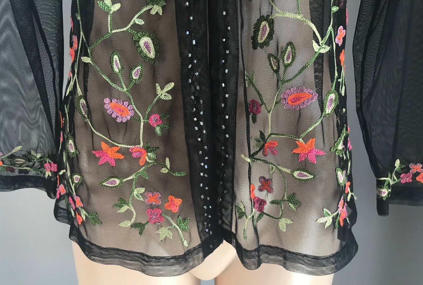 SHEER BLOUSE Embroidered Top Black Mesh Net Colourful Floral Size 12 NEW