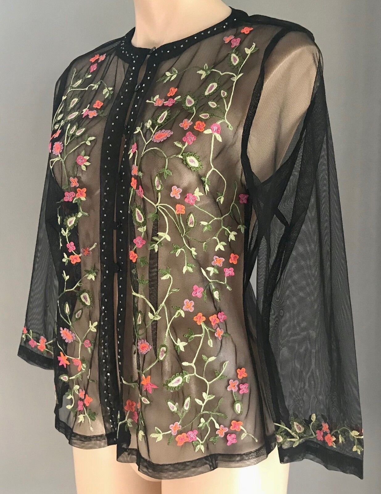 SHEER BLOUSE Embroidered Top Black Mesh Net Colourful Floral Size 12 NEW