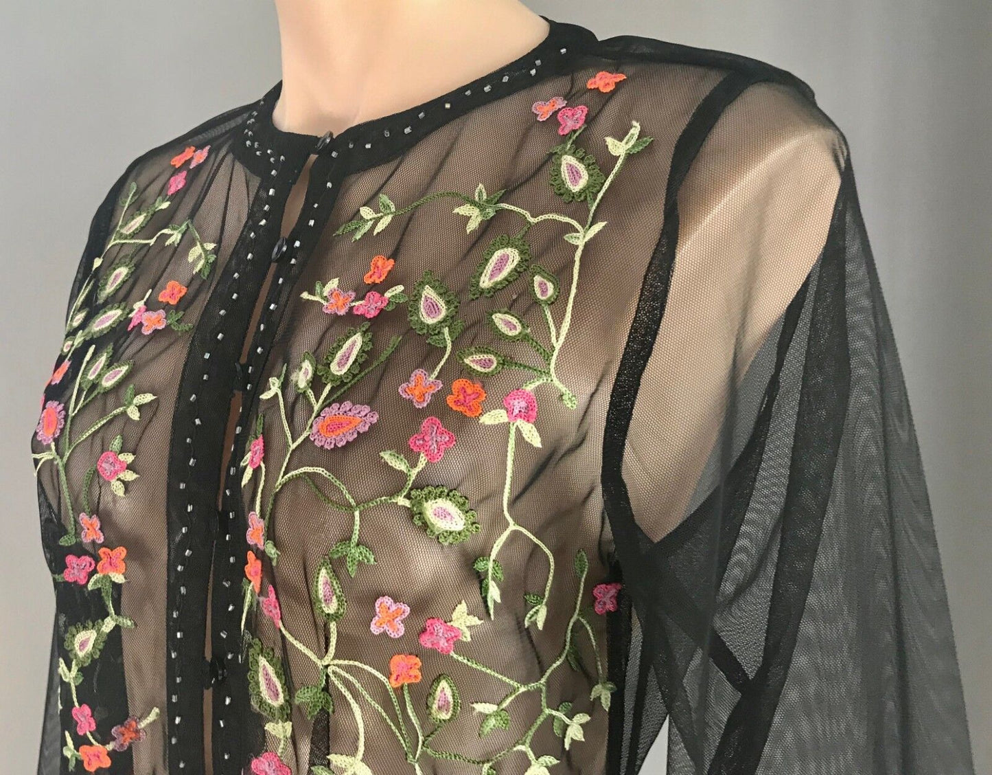 SHEER BLOUSE Embroidered Top Black Mesh Net Colourful Floral Size 12 NEW
