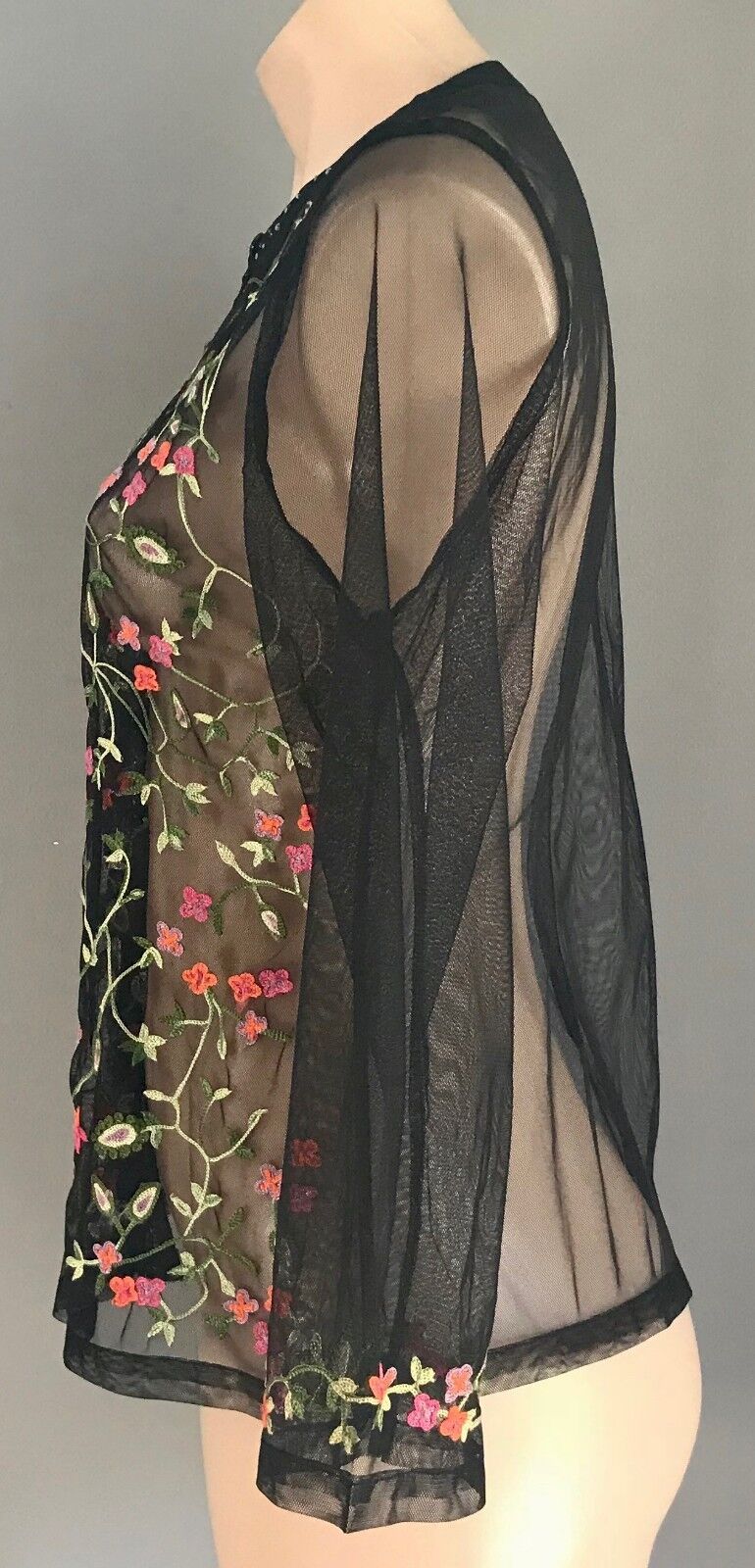 SHEER BLOUSE Embroidered Top Black Mesh Net Colourful Floral Size 12 NEW