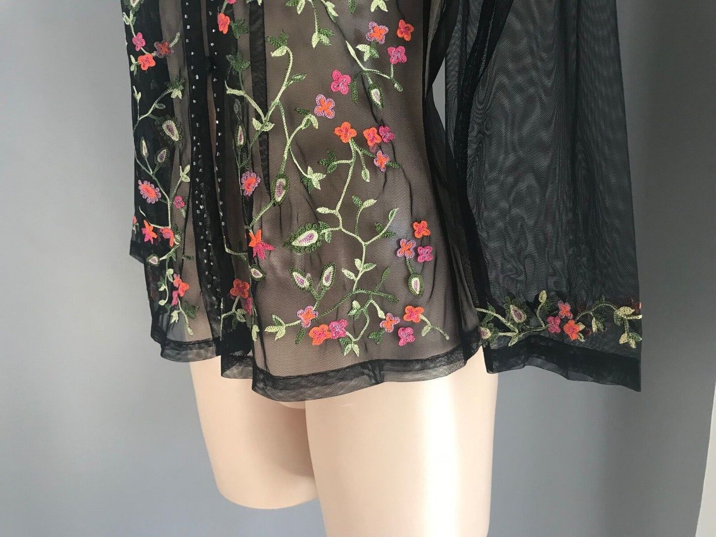 SHEER BLOUSE Embroidered Top Black Mesh Net Colourful Floral Size 12 NEW