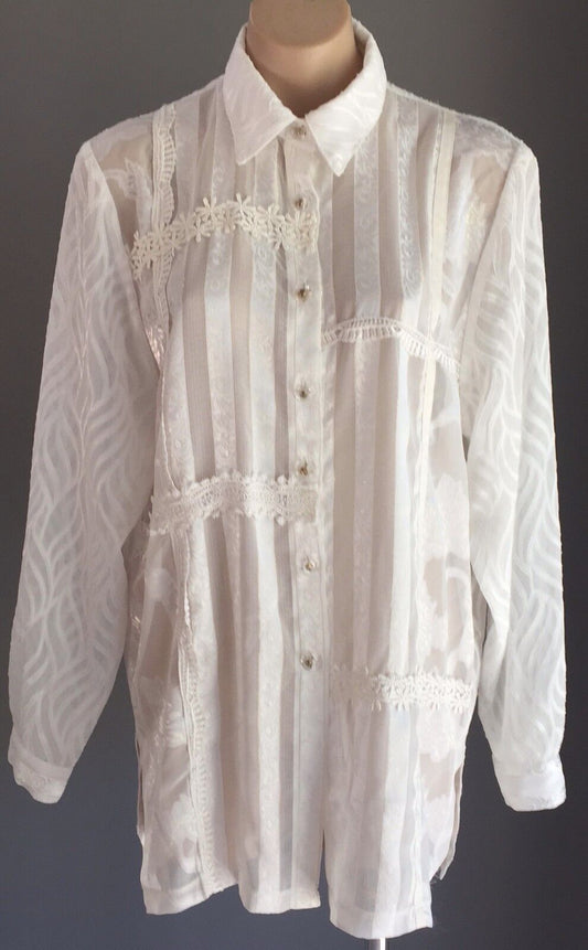 PRIVATE COLLECTION Blouse White Gold Thread Ribbon Lace Romantic Shirt Top Sz 12