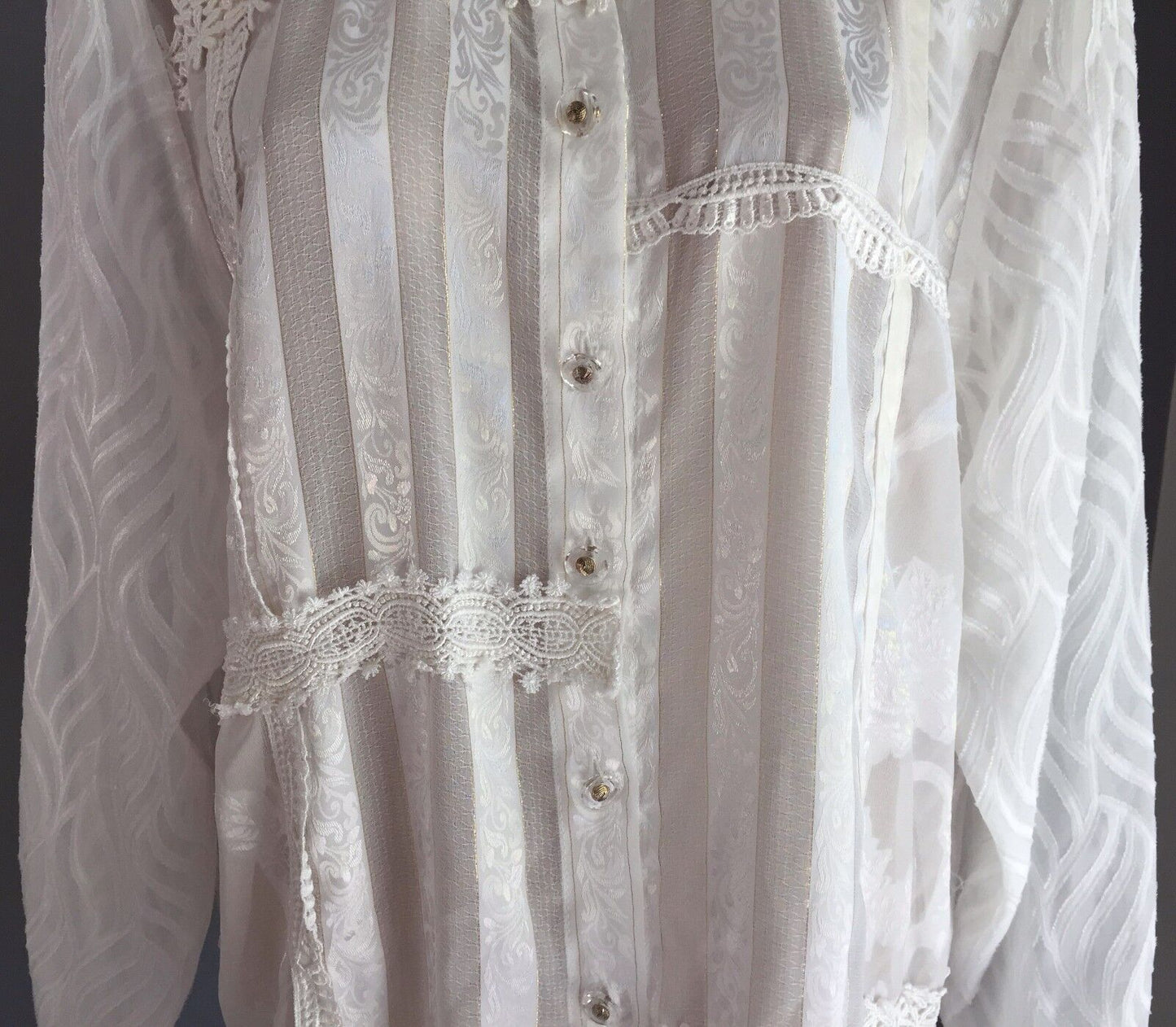 PRIVATE COLLECTION Blouse White Gold Thread Ribbon Lace Romantic Shirt Top Sz 12