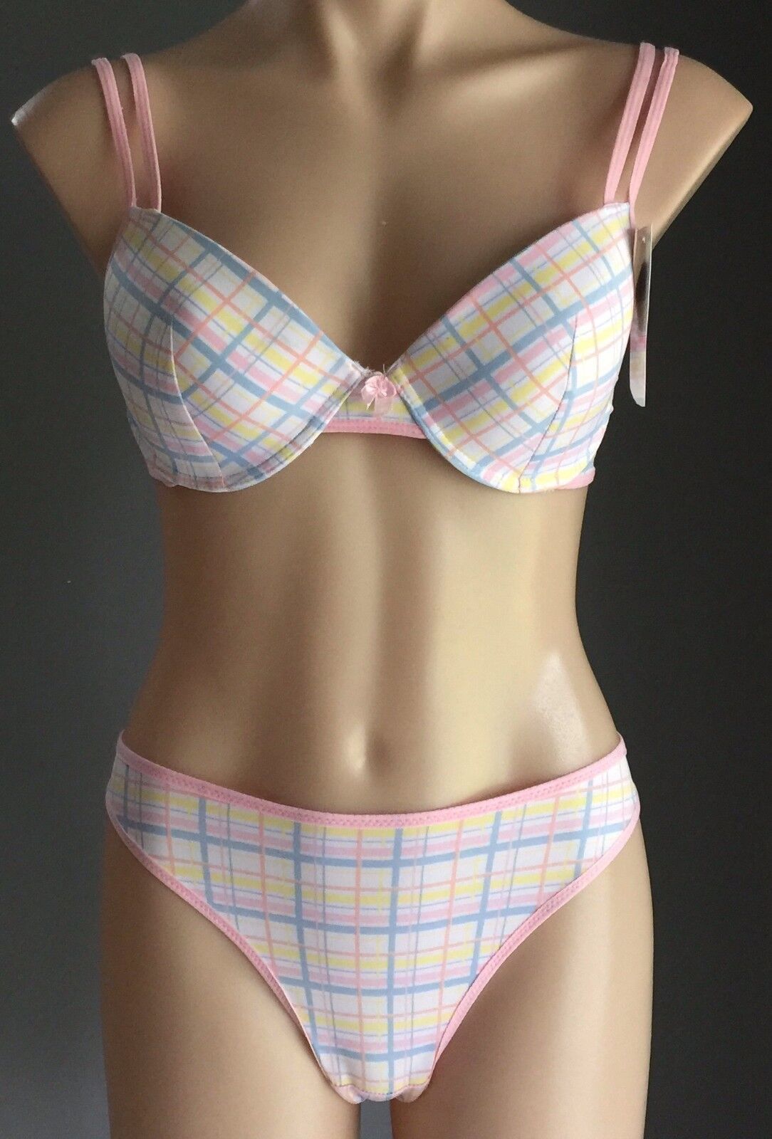 VS INTIMATES Matching Bra & G-String Set 14D Size 14 Pastel Check Print NEW