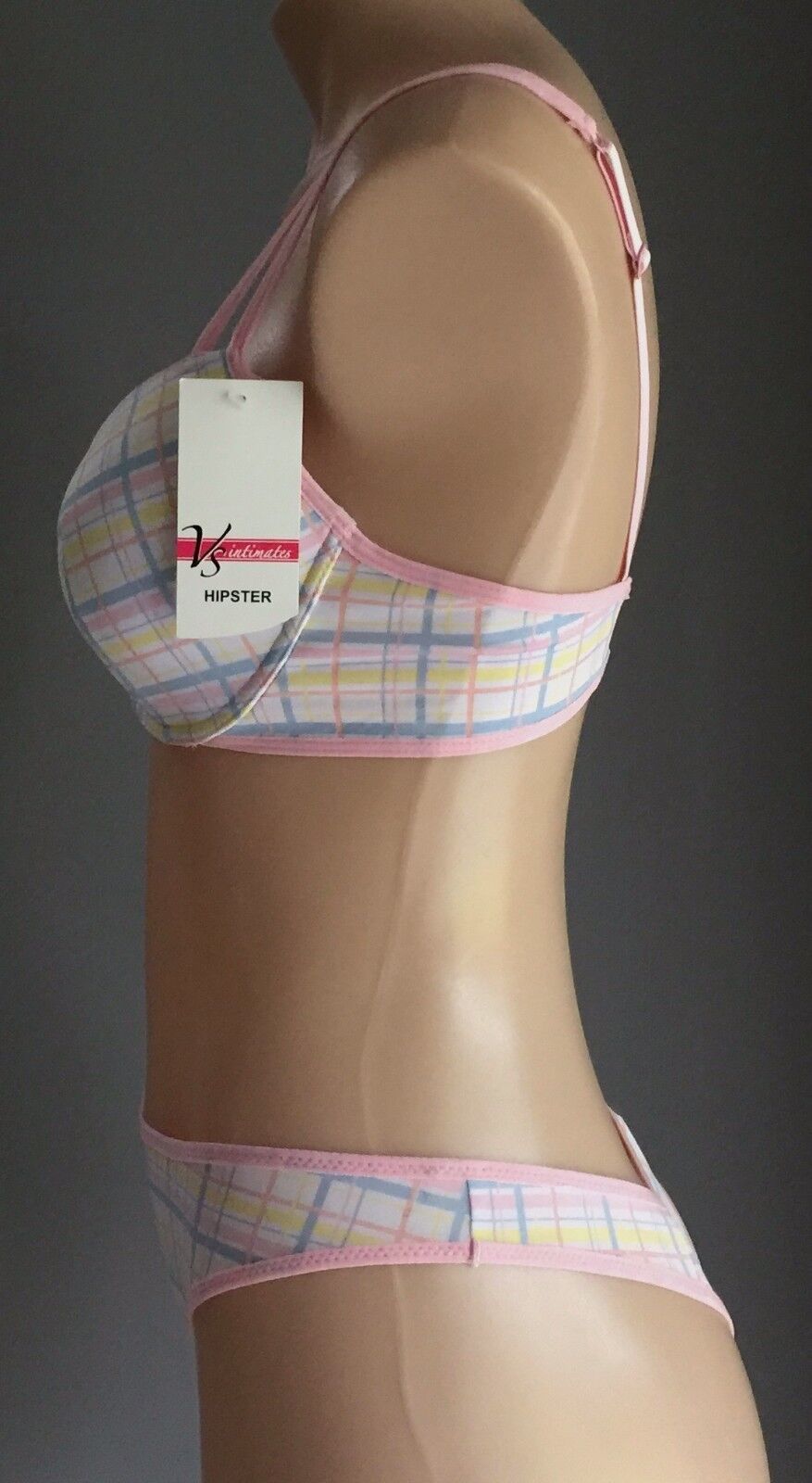 VS INTIMATES Matching Bra & G-String Set 14D Size 14 Pastel Check Print NEW