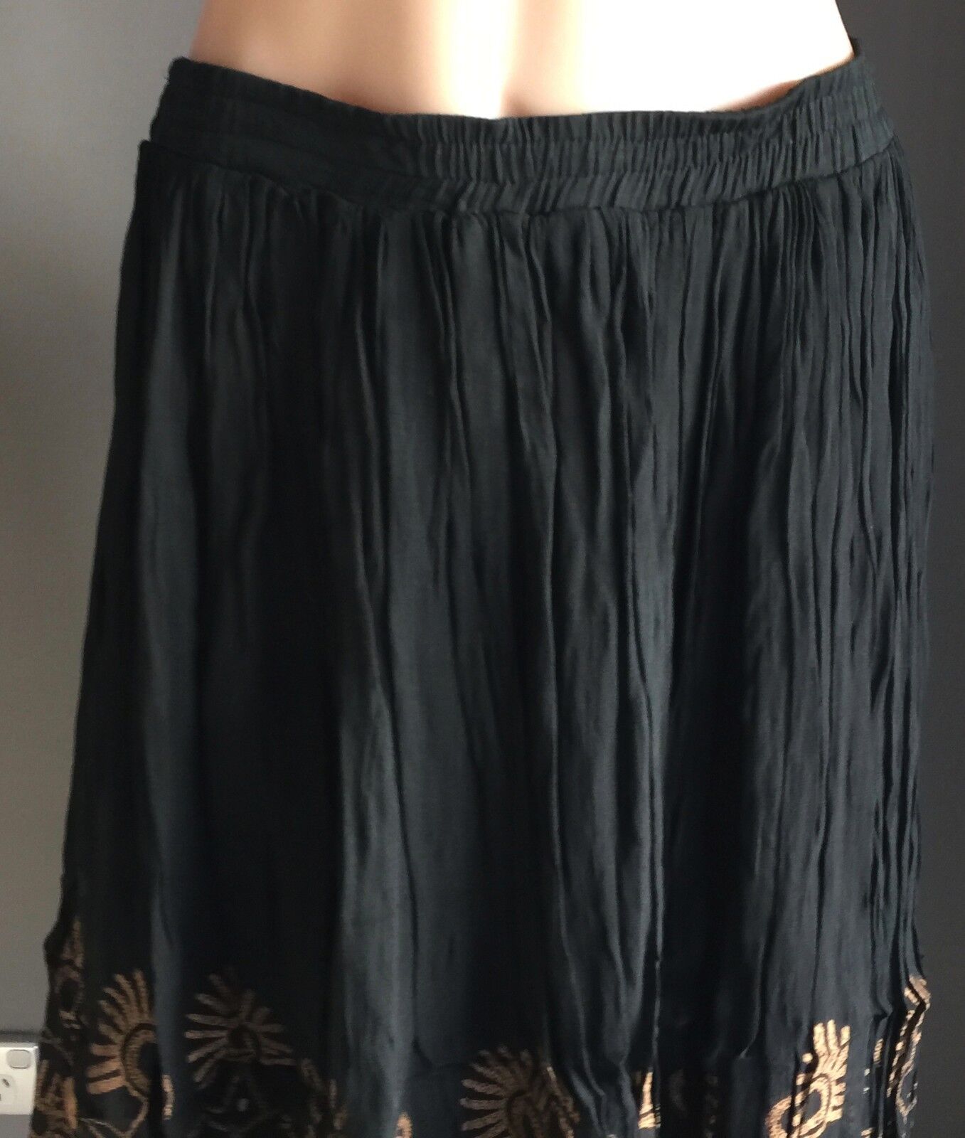 RUBI PESINI Maxi Skirt Black & Tan Print Pleat Peasant Boho Hippie Size 10 NEW