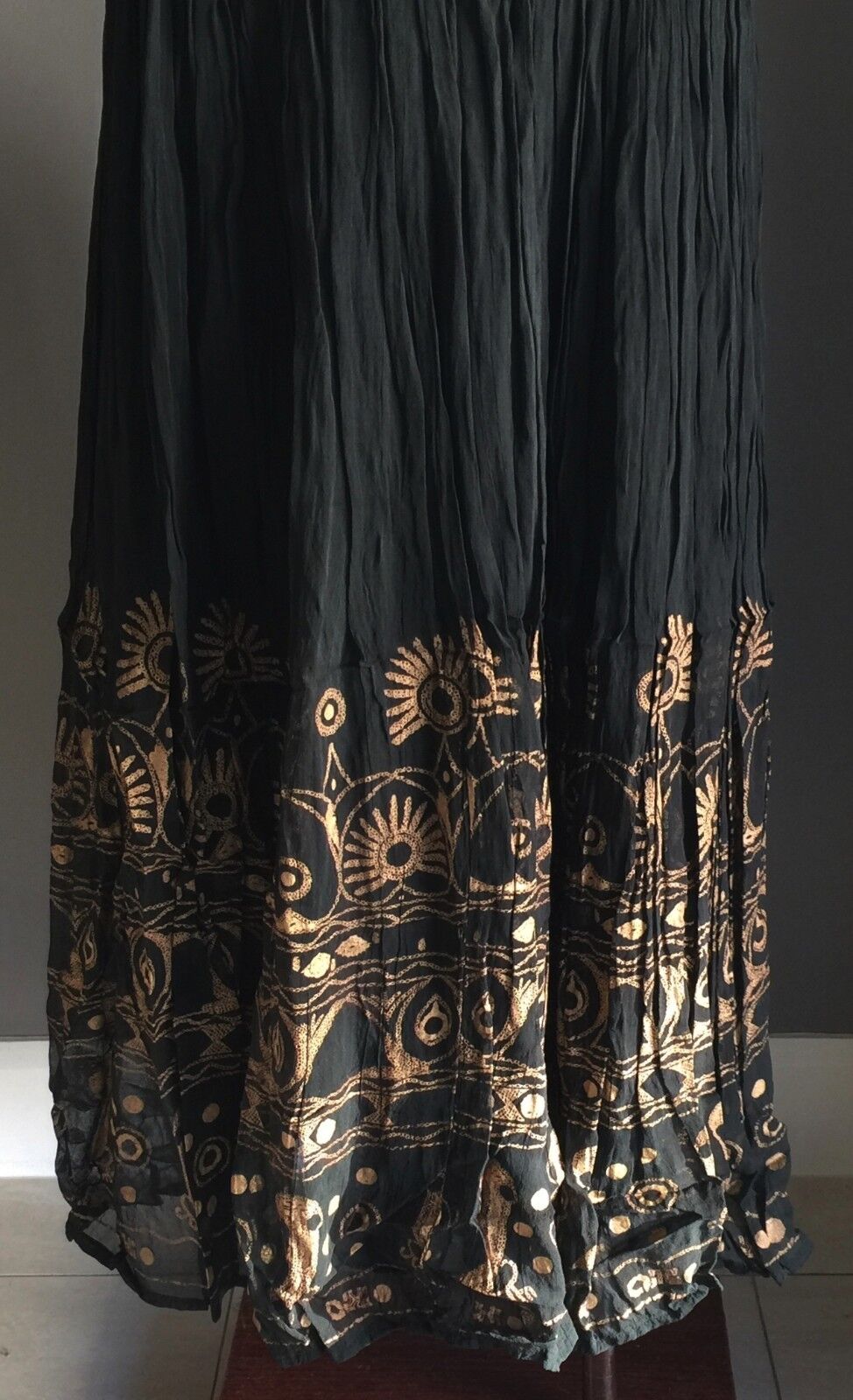 RUBI PESINI Maxi Skirt Black & Tan Print Pleat Peasant Boho Hippie Size 10 NEW