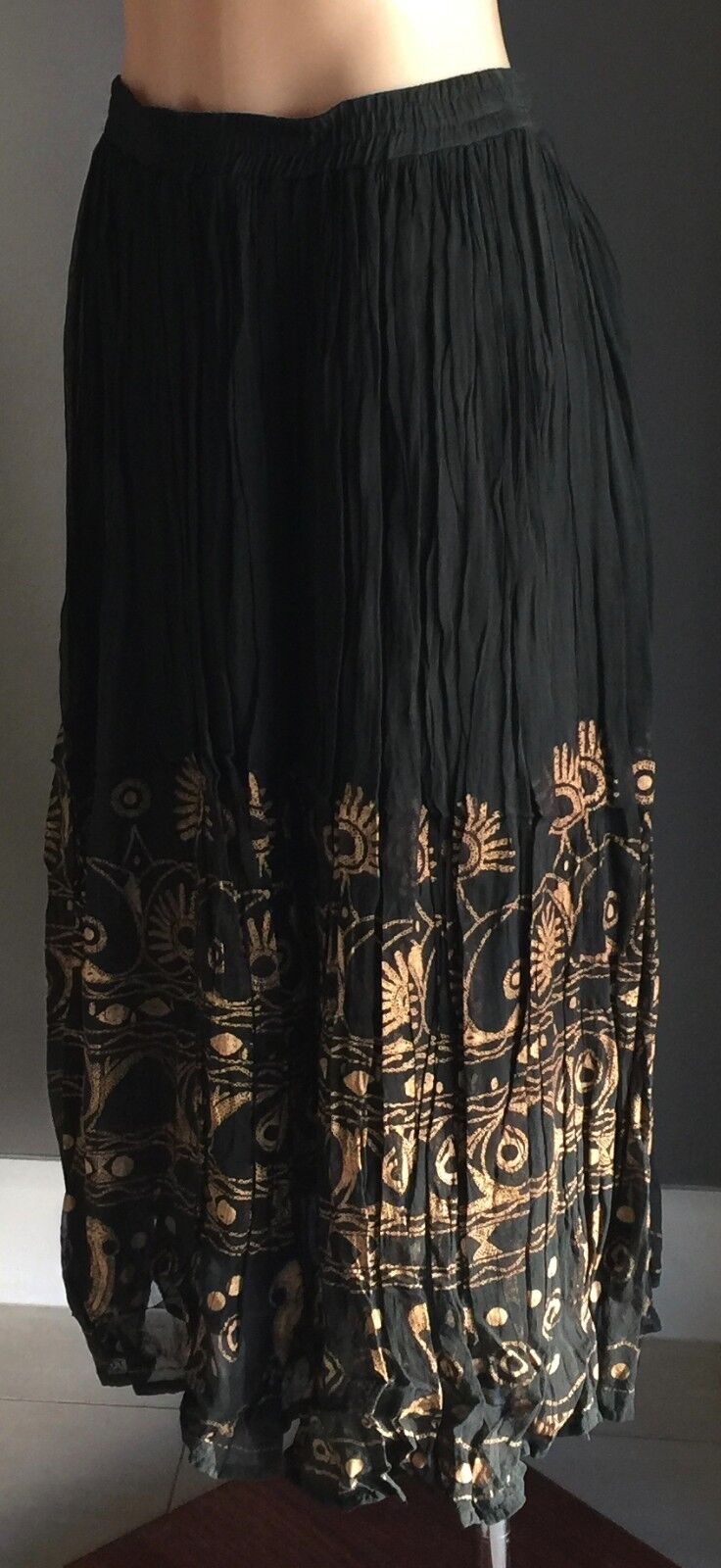 RUBI PESINI Maxi Skirt Black & Tan Print Pleat Peasant Boho Hippie Size 10 NEW