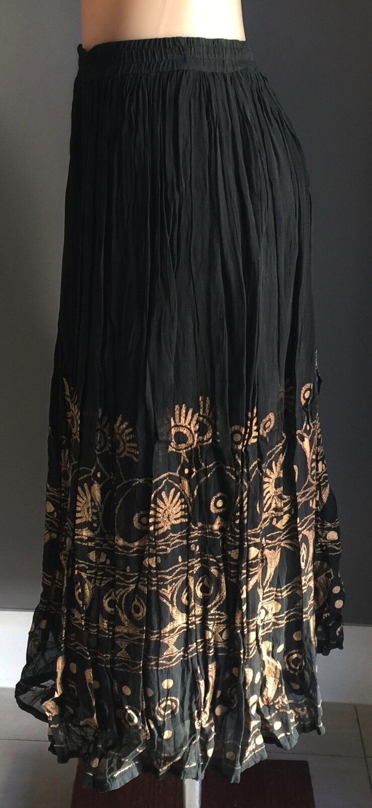 RUBI PESINI Maxi Skirt Black & Tan Print Pleat Peasant Boho Hippie Size 10 NEW