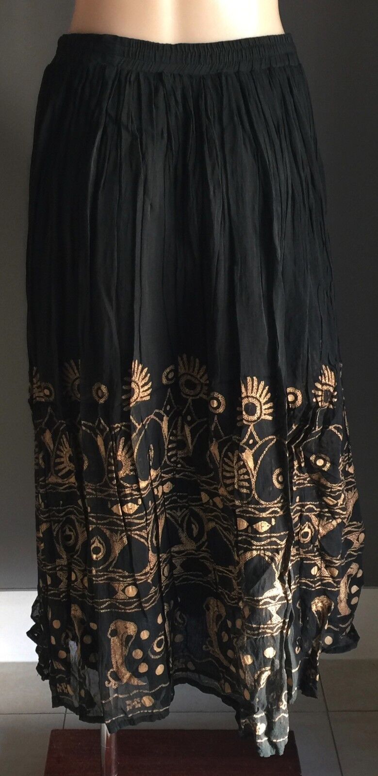 RUBI PESINI Maxi Skirt Black & Tan Print Pleat Peasant Boho Hippie Size 10 NEW