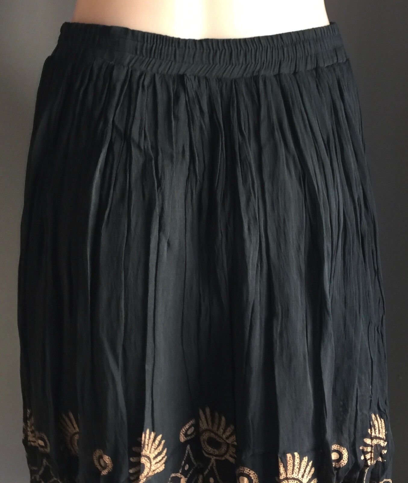 RUBI PESINI Maxi Skirt Black & Tan Print Pleat Peasant Boho Hippie Size 10 NEW