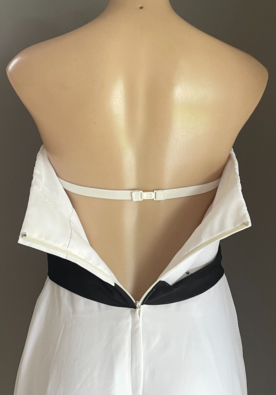 Dress w Black Tie White High Waist Pleat Bust A-Line Skirt Knee Length Size 10
