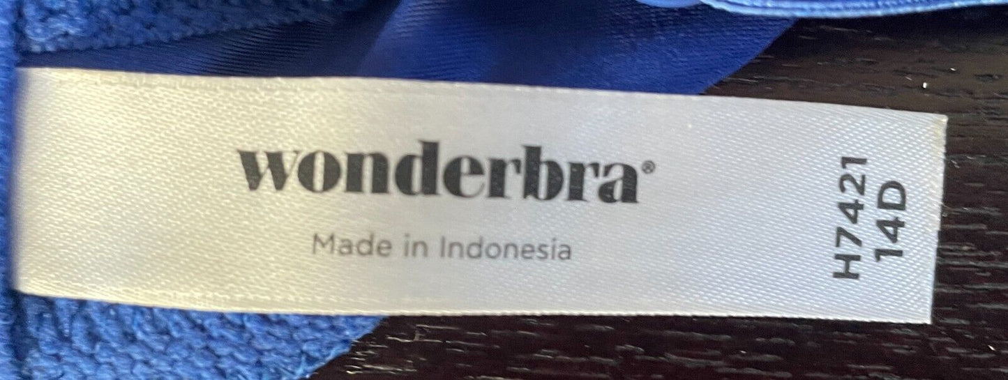 WONDERBRA Push Up Bra Blue and White Lace Trim Size 14D Adjustable H7421