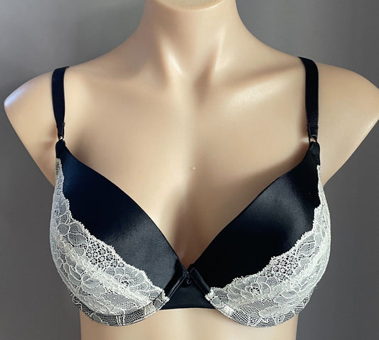 WONDERBRA Push Up Bra Black and White Lace Trim Size 14D Adjustable H7421