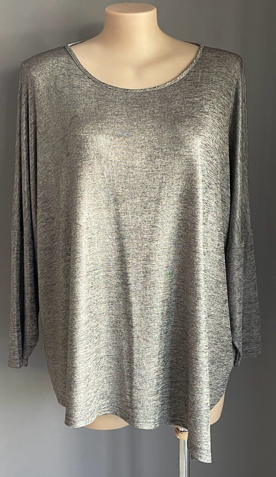 POSTIE "Slinky" Top 3/4 Sleeve Black Grey Marl Fabric Asymmetric Hem Plus Sze 28