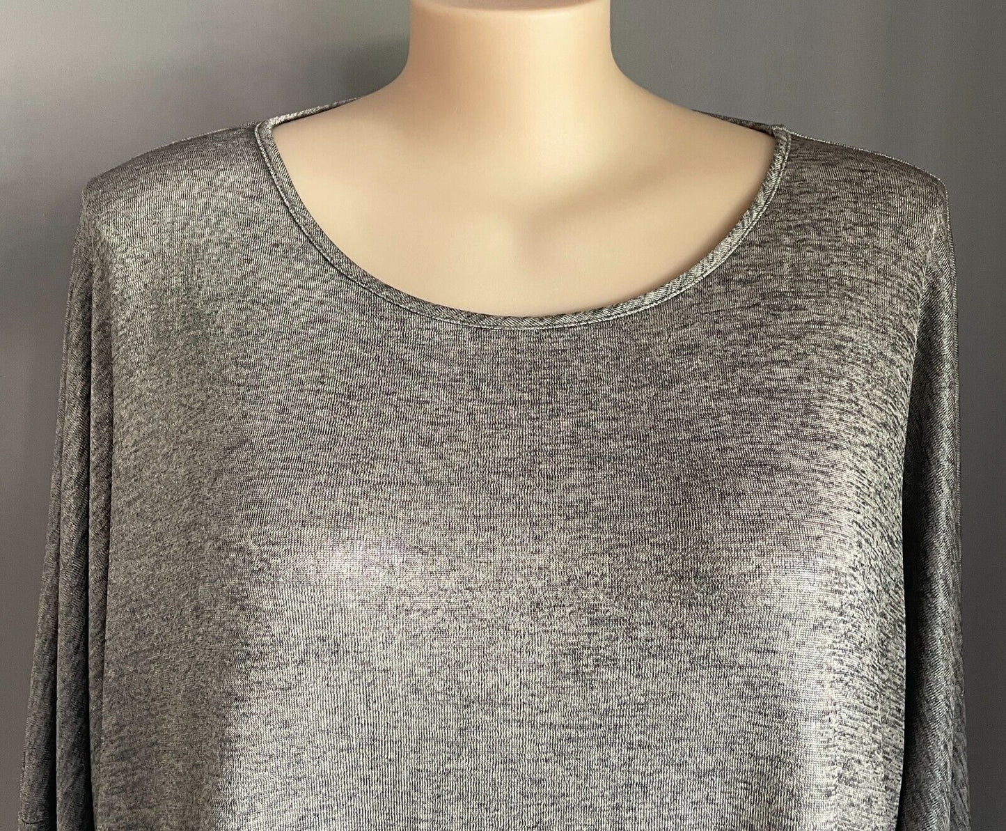 POSTIE "Slinky" Top 3/4 Sleeve Black Grey Marl Fabric Asymmetric Hem Plus Sze 28