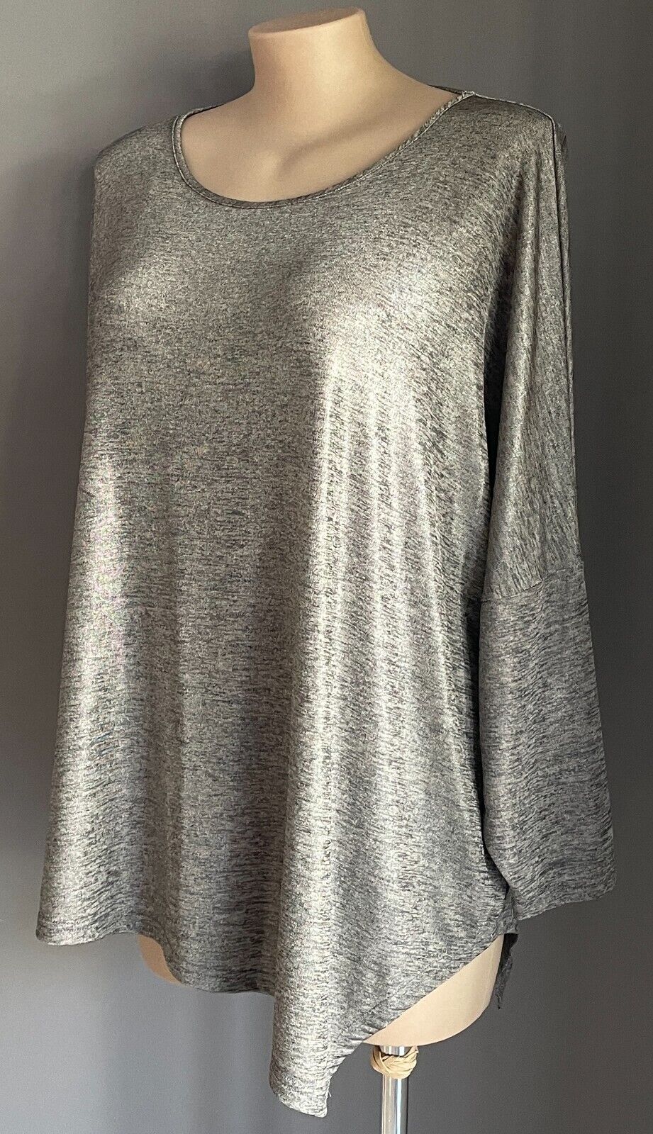 POSTIE "Slinky" Top 3/4 Sleeve Black Grey Marl Fabric Asymmetric Hem Plus Sze 28