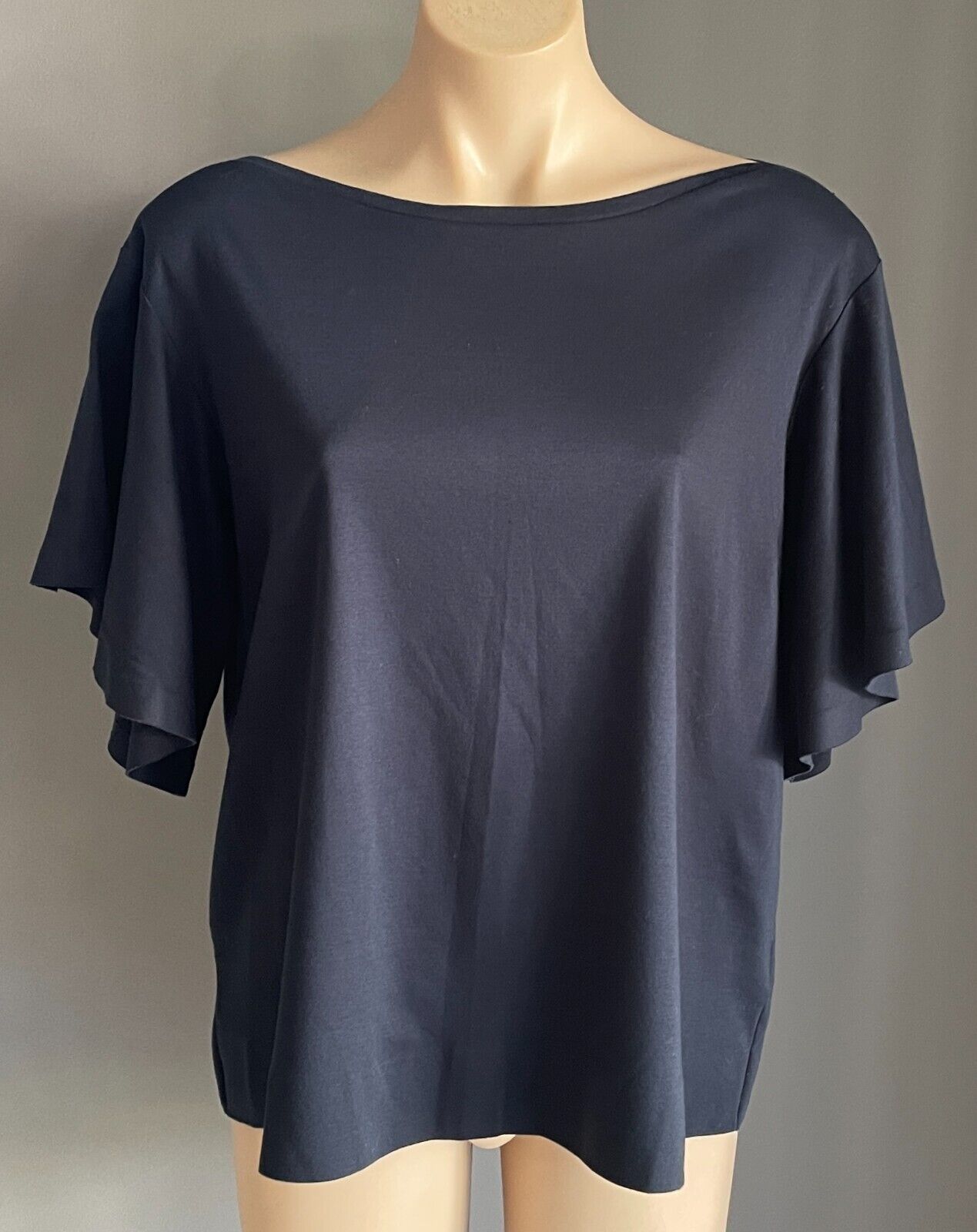 Navy Top Boat Neck Short Flounce Sleeve Size 16 Good Quality Stretch Fabric