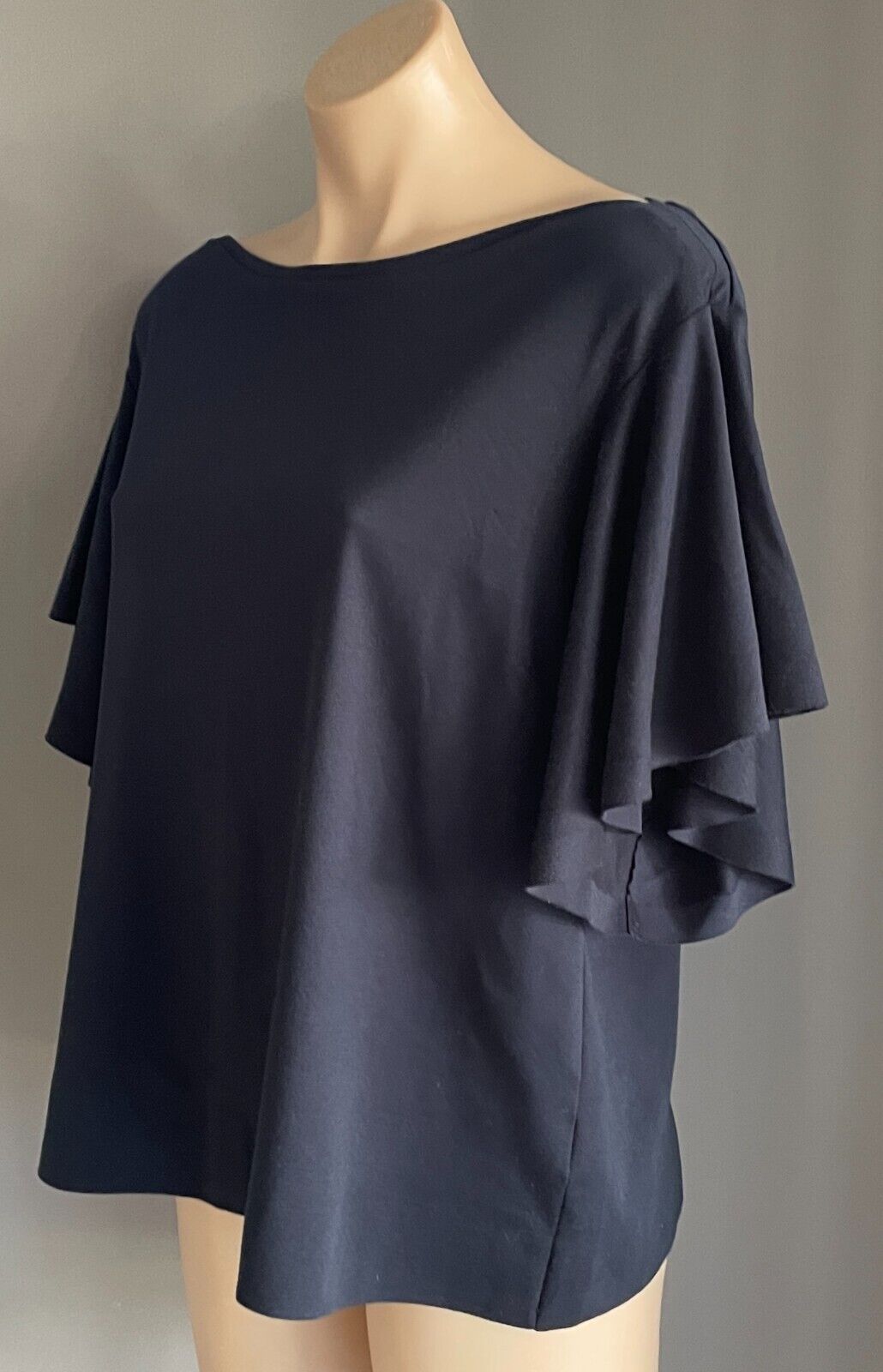Navy Top Boat Neck Short Flounce Sleeve Size 16 Good Quality Stretch Fabric