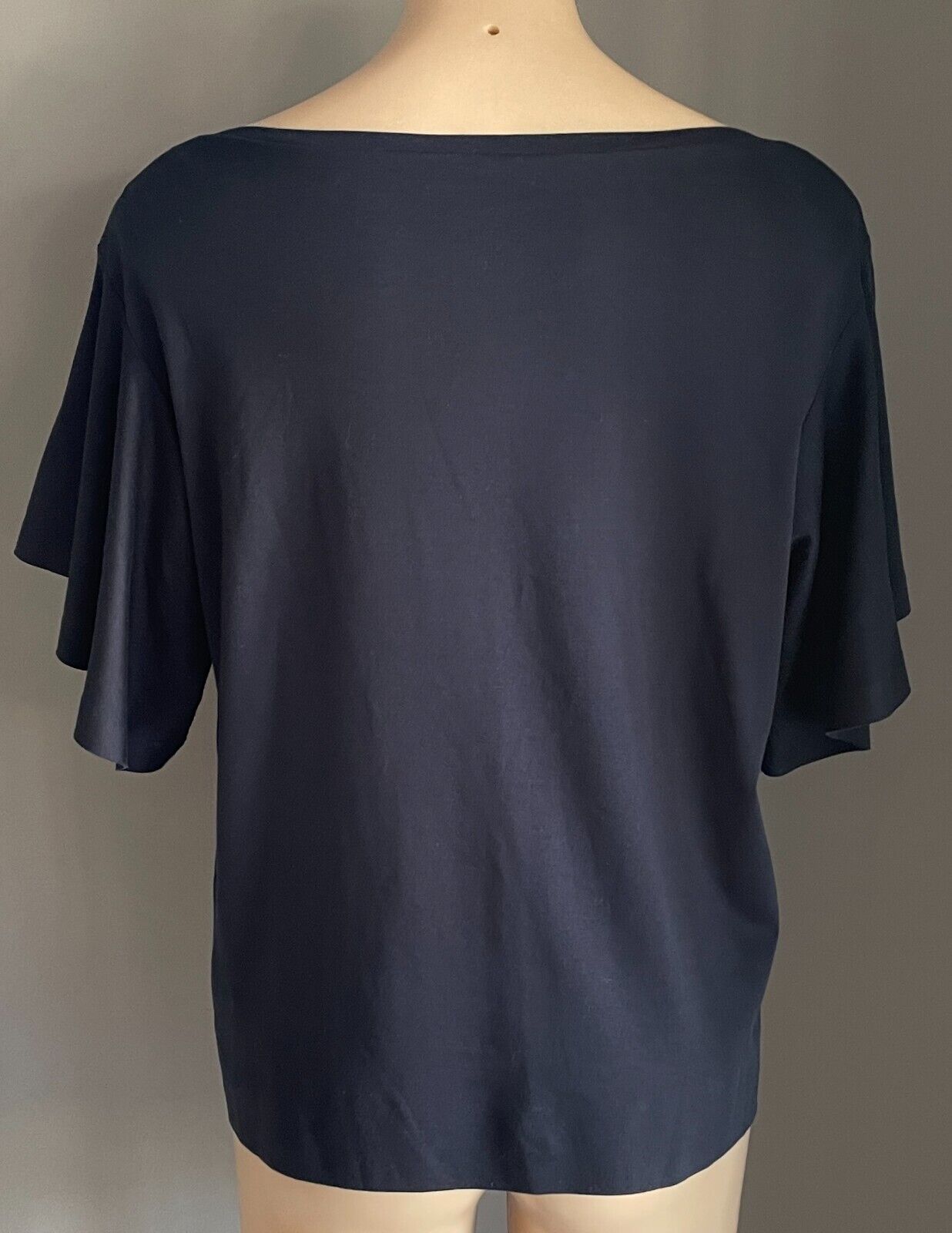 Navy Top Boat Neck Short Flounce Sleeve Size 16 Good Quality Stretch Fabric